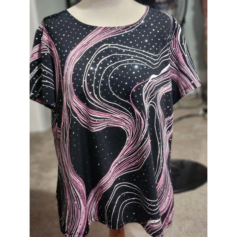 Briggs Petite, Black & Pink Wavy Dot Print Slinky Shirt  XXL Made USA